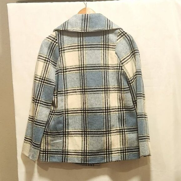 Halogen Women's Size XS Blue and White Plaid Double Breasted‎ Pea Coat W/Pockets - Picture 7 of 8